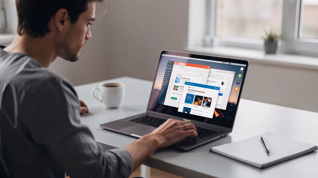 Open laptop with blank screen on wooden desk beside notebook, pen and coffee cup in modern workspace